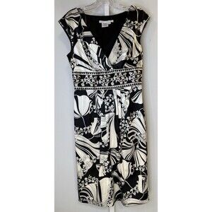 Maggy London Women’s Size 6 Black White Floral Print Sheath Dress Cap